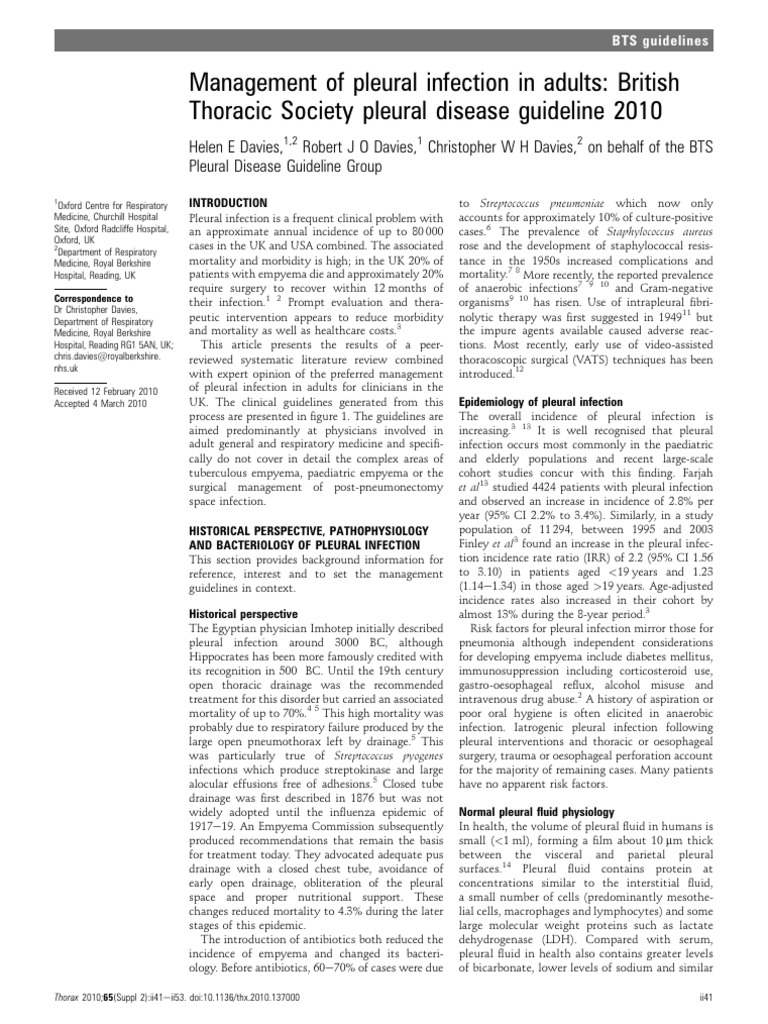 2010 BTS Management of Pleural Infection in Adults | PDF | Diseases And ...
