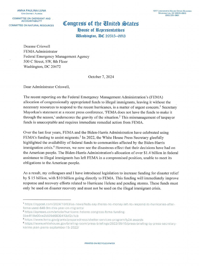 (DAILY CALLER OBTAINED) - 10.7.24 Letter To FEMA | PDF