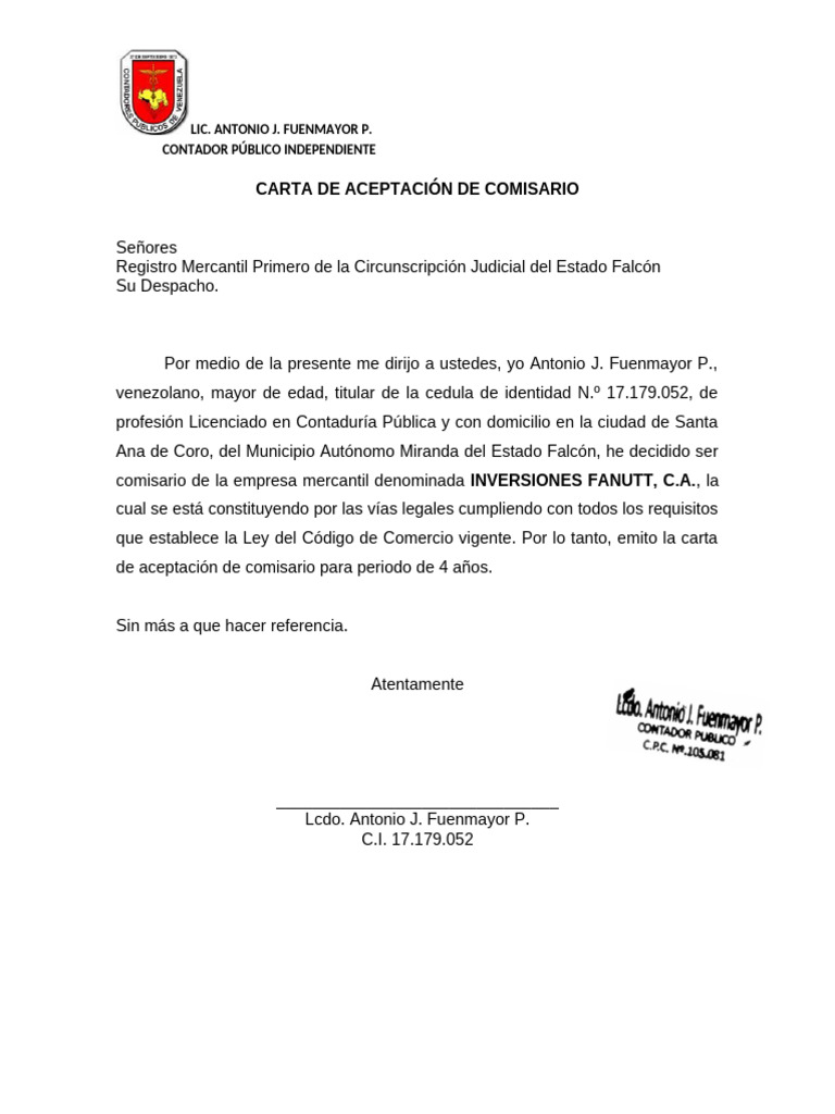 Carta De Aceptación De Comisario Formtato Pdf