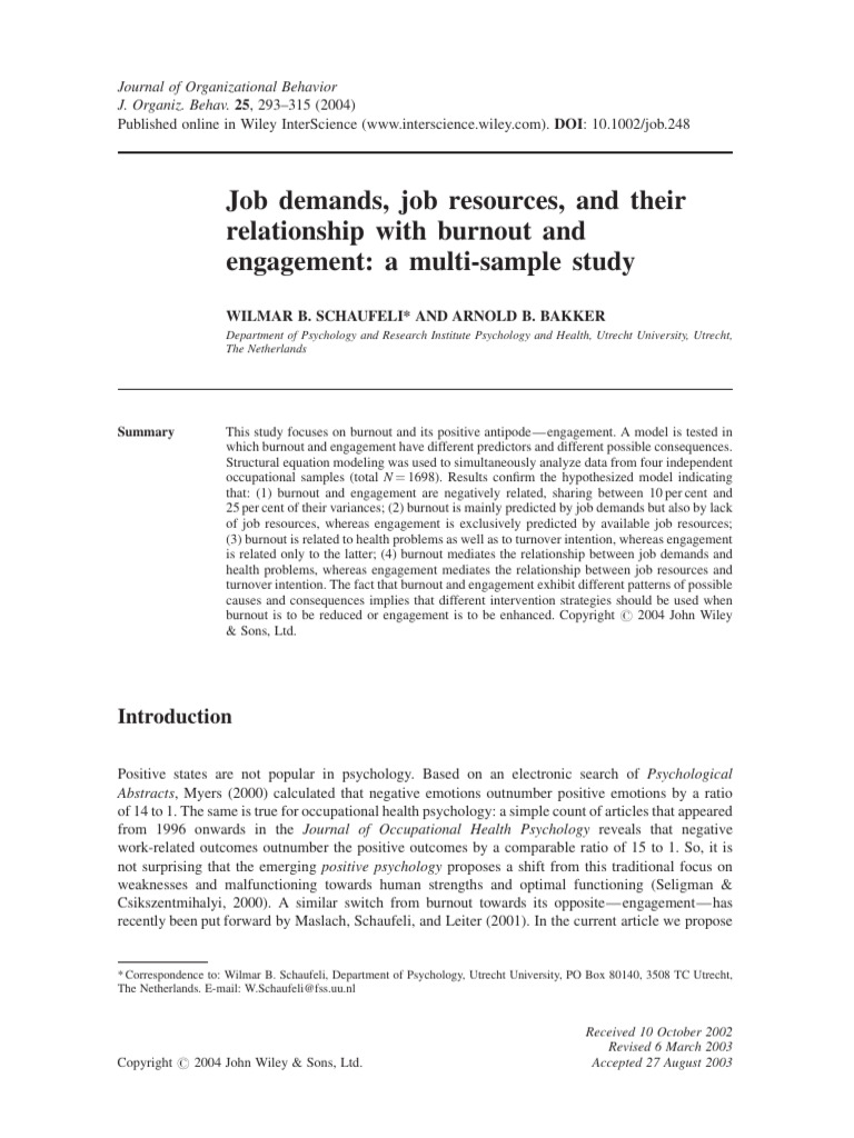 J Organ Behavior - 2004 - Schaufeli - Job Demands Job Resources and ...