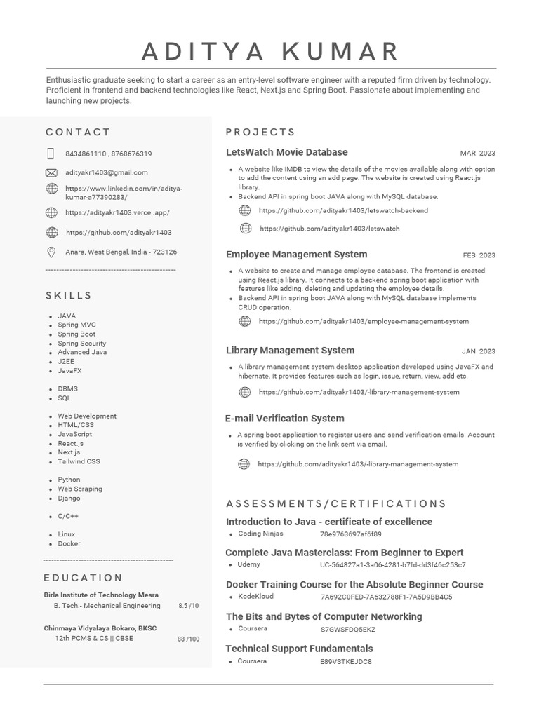Aditya Kumar Resume | PDF