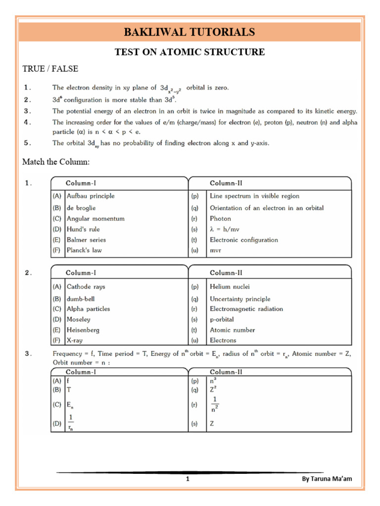 Test On Atomic Structure 1 | PDF