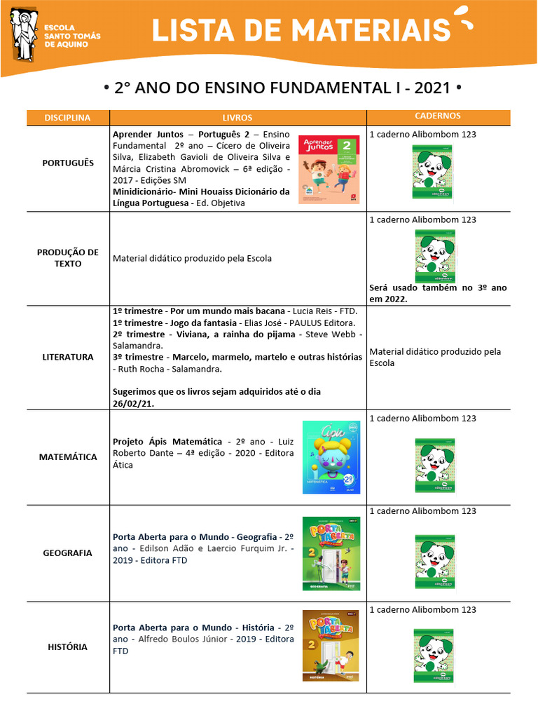 2º Ano EFI Lista de Materiais 2021 | PDF