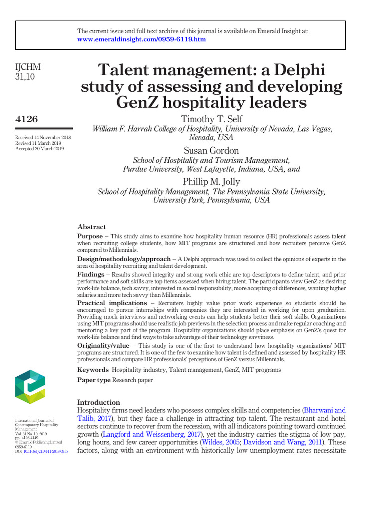 Self Et Al. 2019-IJCHM - Talent Management A Delphi Method | PDF