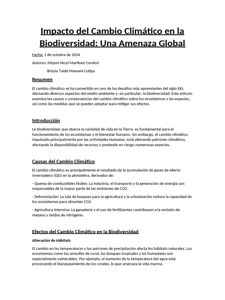 Impacto Del Cambio Climático en La Biodiversidad | PDF