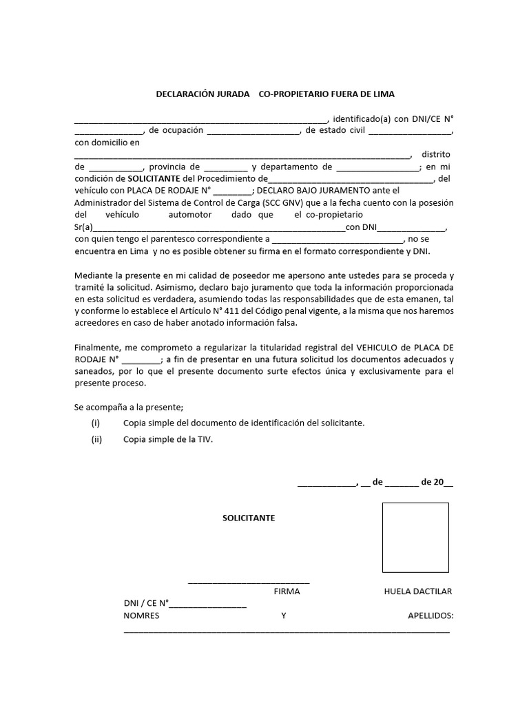 Declaración Jurada - Co - Propietario Fuera de Lima | PDF