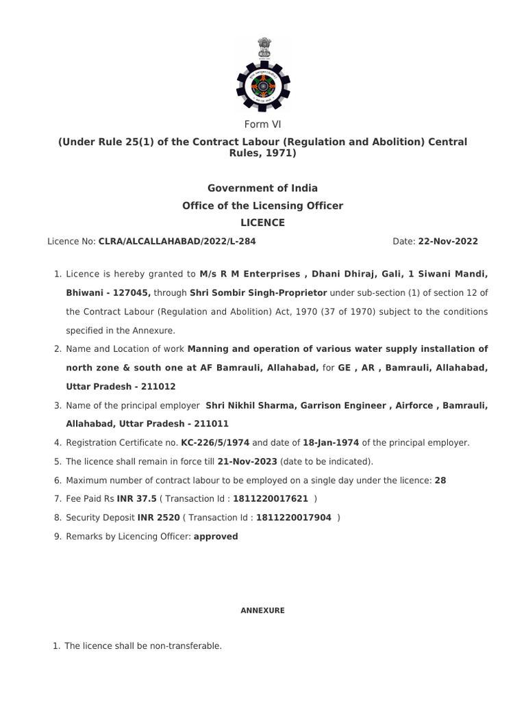 (Under Rule 25 (1) of The Contract Labour (Regulation and Abolition ...