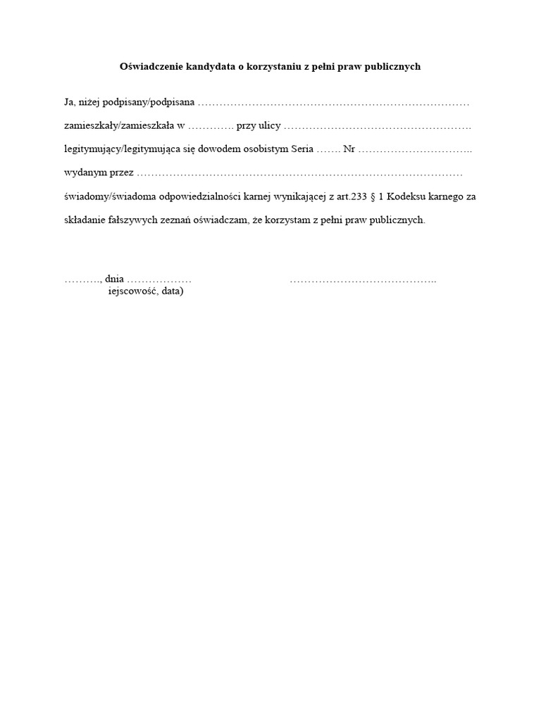 O wiadczenie Kandydata O Korzystaniu Z Pe ni Praw Publicznych PDF