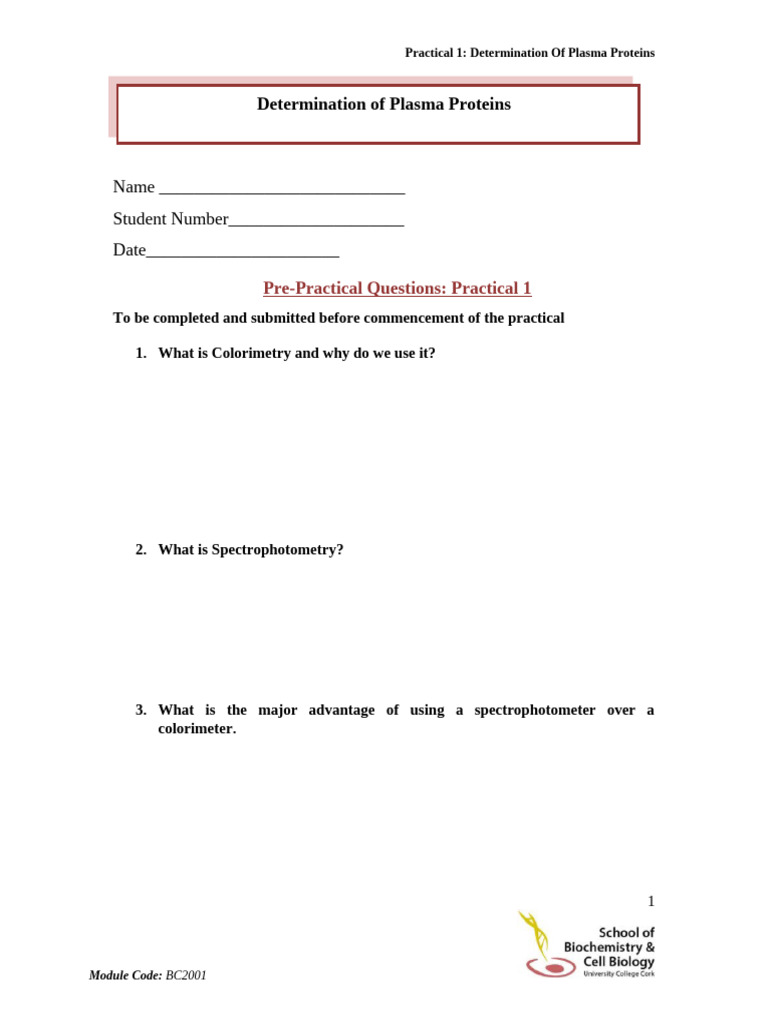 BC2001 Practical 1 Plasma Proteins | PDF
