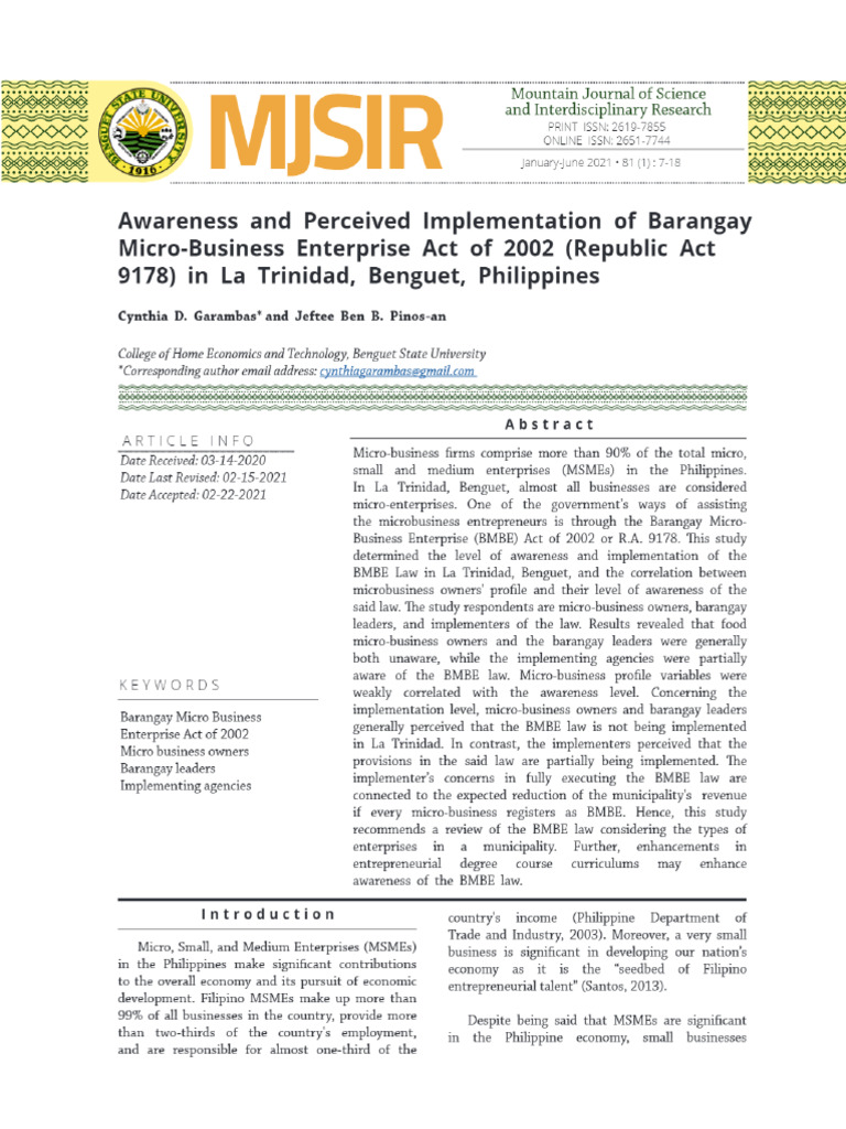 View of Awareness and Perceived Implementation of Barangay Micro ...