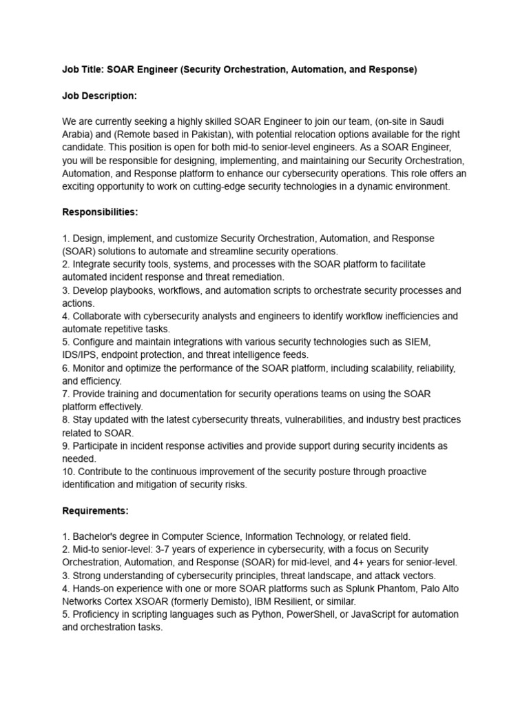 JD - SOAR Engineer (Security Orchestration, Automation, and Response) | PDF