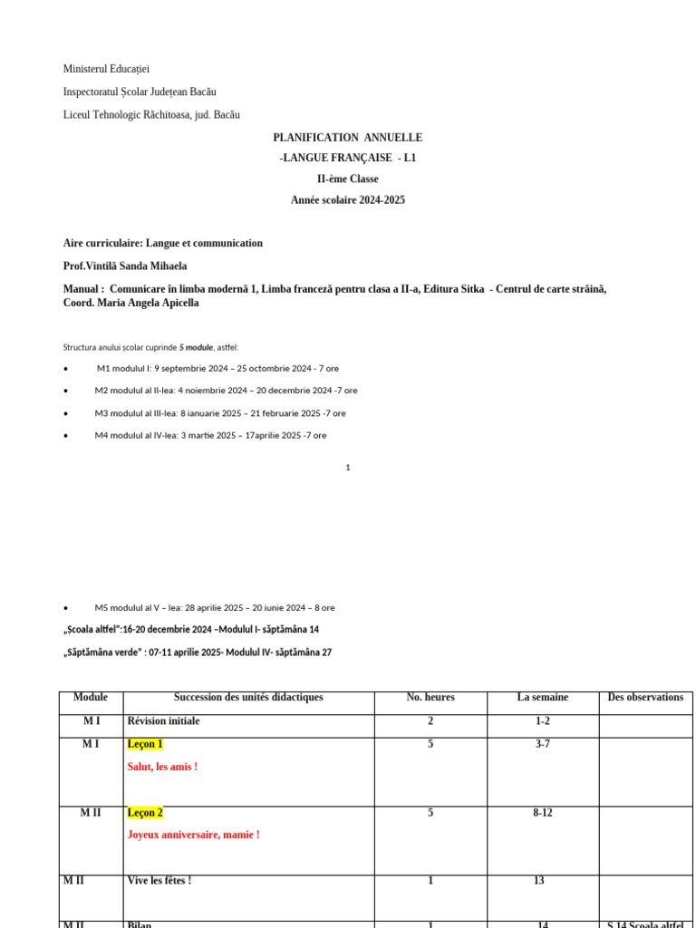 planificare clasa a II Sitka pe module 2024-2025 | PDF