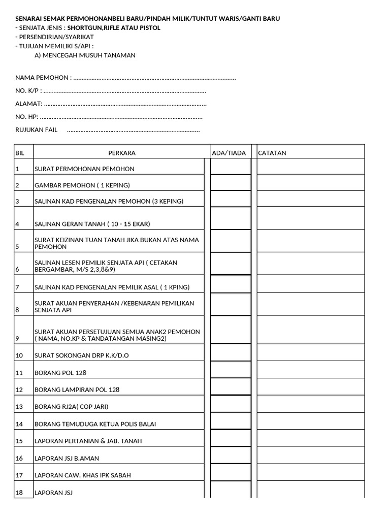 Checklist Permohonan Memiliki Senjata Api | PDF