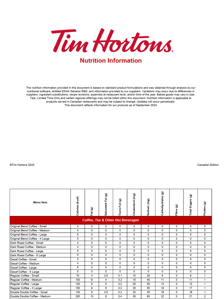 Tim Hortons Nutrition Guide - September 2024 | PDF