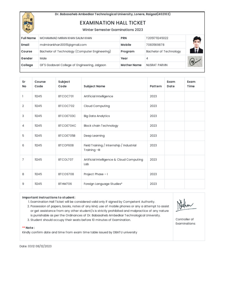Sem 7 Hall Ticket | PDF