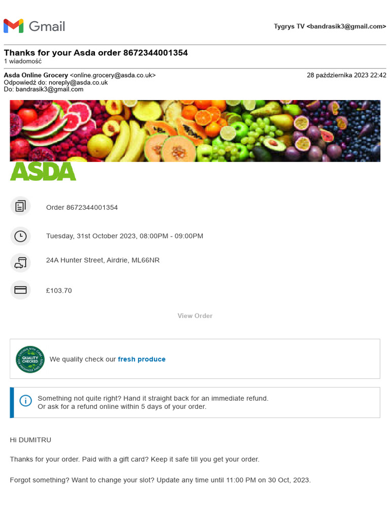 Gmail Thanks For Your Asda Order 8672344001354 | PDF