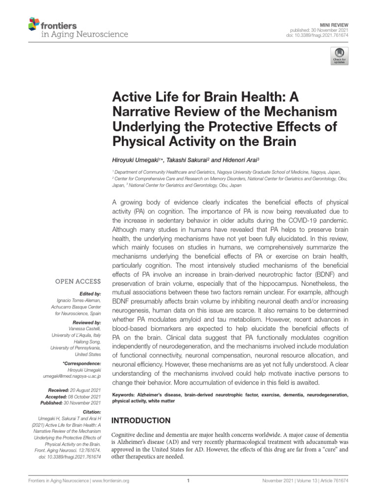 Active Life For Brain Health - A Narrative Review of The Mechanism ...