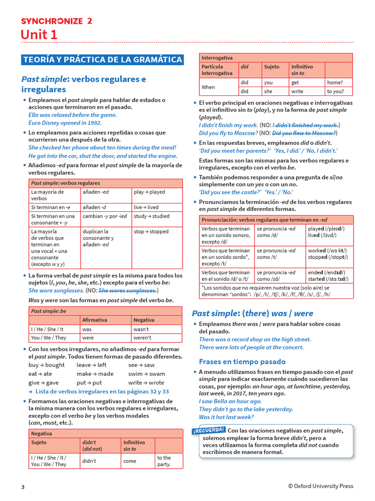 Unit 1 - Synchronize2 - Grammar Reference - Spanish | PDF