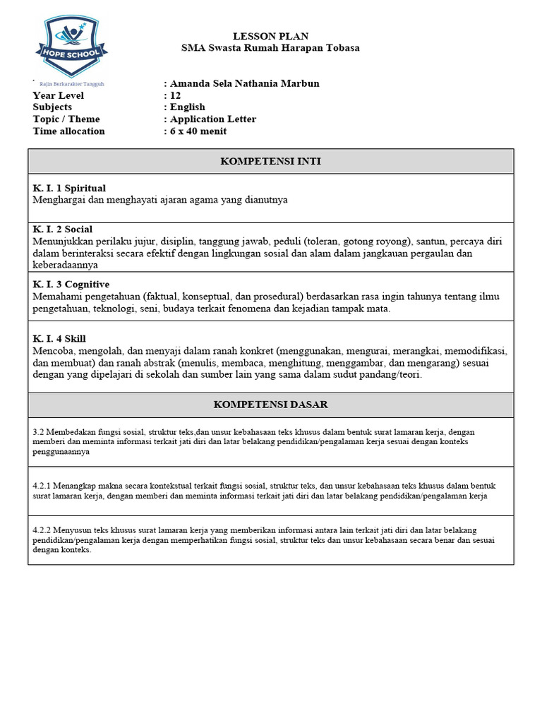 LESSON PLAN JOB APPLICATION GRADE 12 | PDF