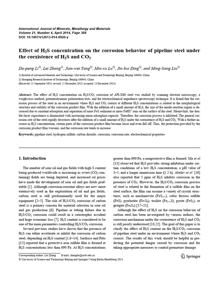 Effect of H2S Concentration On The Corrosion Behavior of Pipeline Steel ...