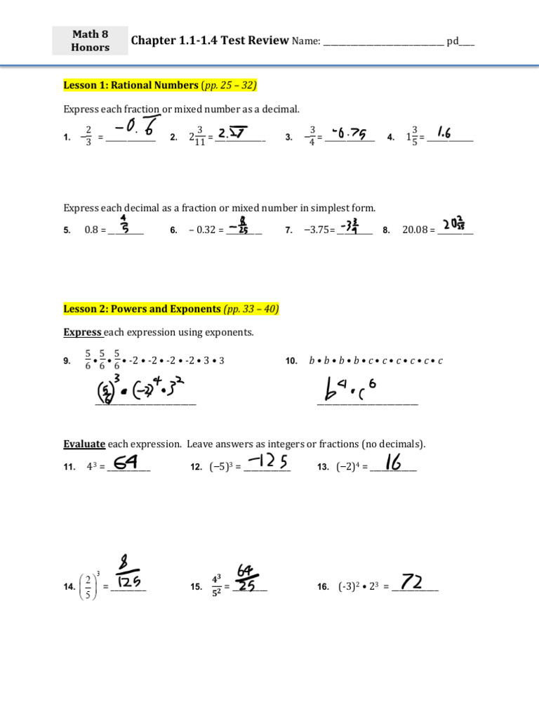 CH 1.1-1.4 Review Math 8 Honors | PDF
