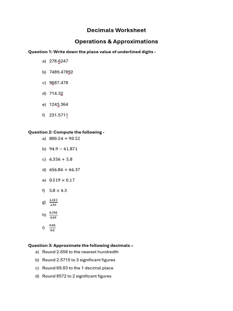 Decimals Worksheet - Operations and Approximations | PDF