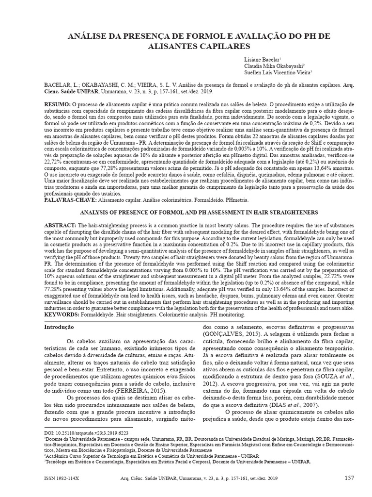 Análise Da Presença de Formol e Avaliação Do PH de Alisantes Capilares ...