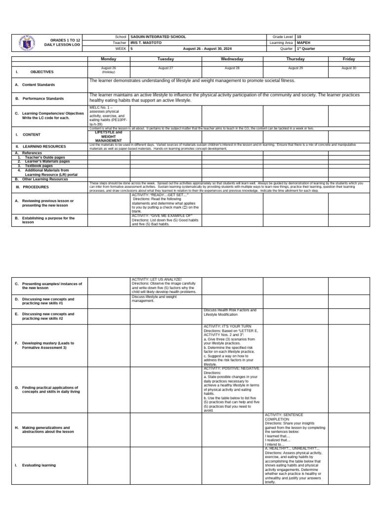 Grade 10 MAPEH Daily Lesson Log | PDF | Learning | Teachers