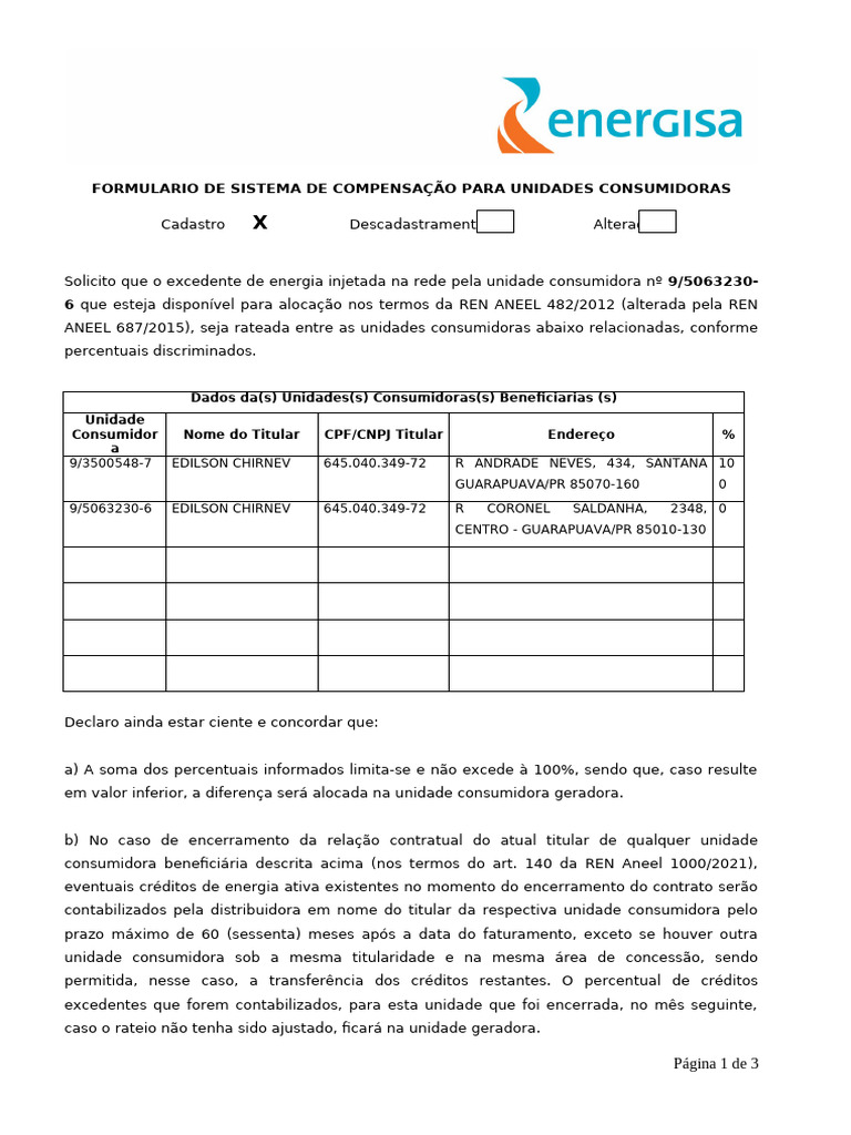 Formulario de Sistema de Compensação de Unidades Consumidoras | PDF