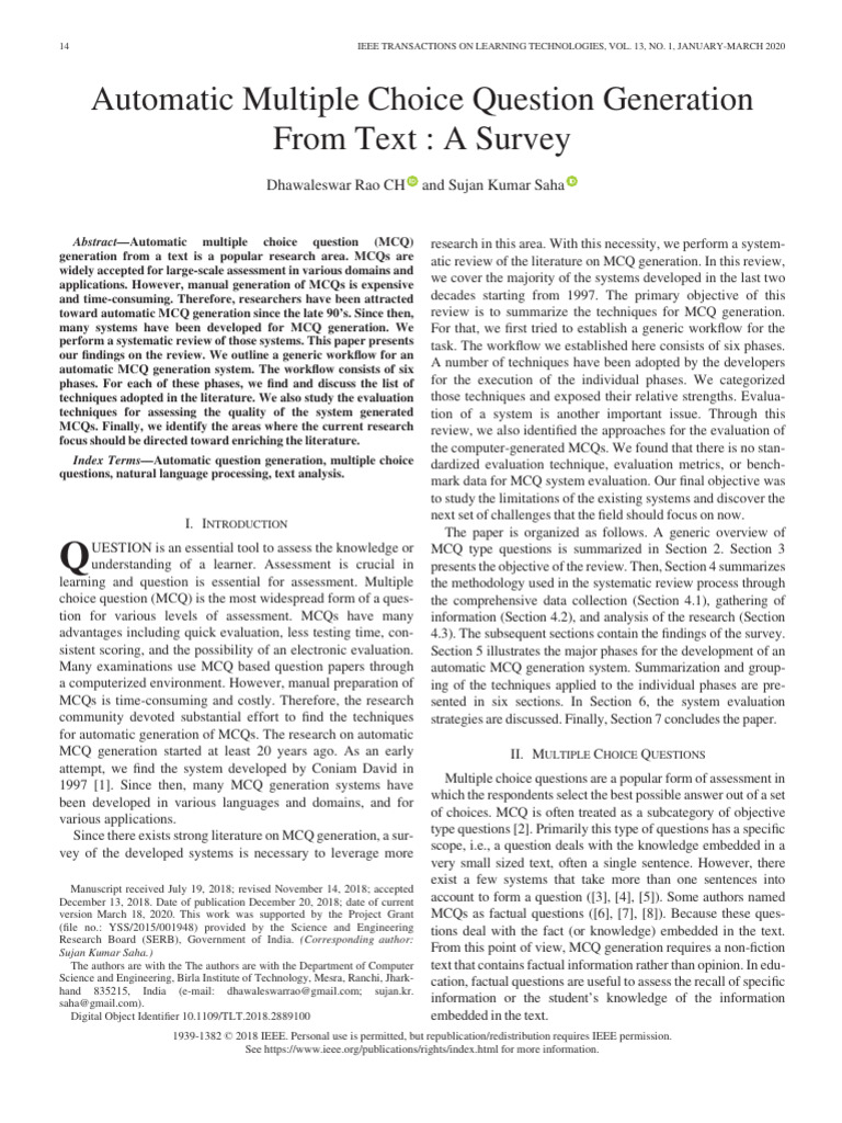 Automatic Multiple Choice Question Generation From Text: A Survey | PDF