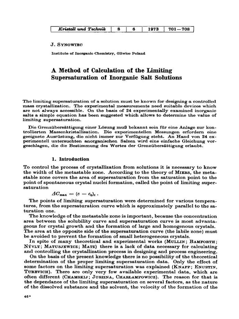 A Method of Calculation of The Limiting Supersaturation of Inorganic ...
