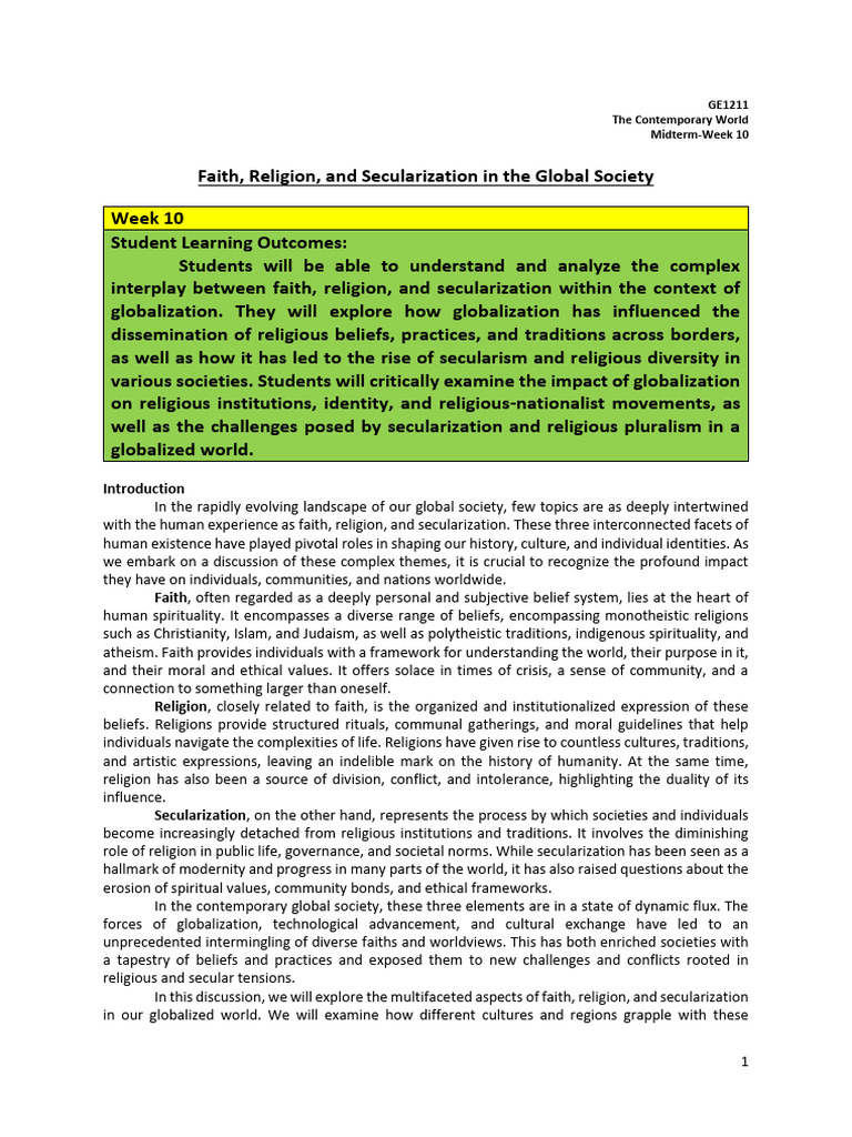 Week 10 Faith Religion and Secularization in The Global Society | PDF