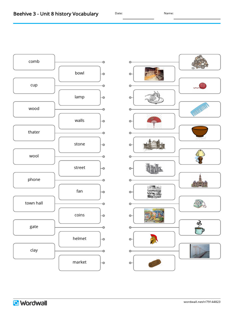 Beehive 3 Unit 8 History Vocabulary Match Up Line Drawing | PDF