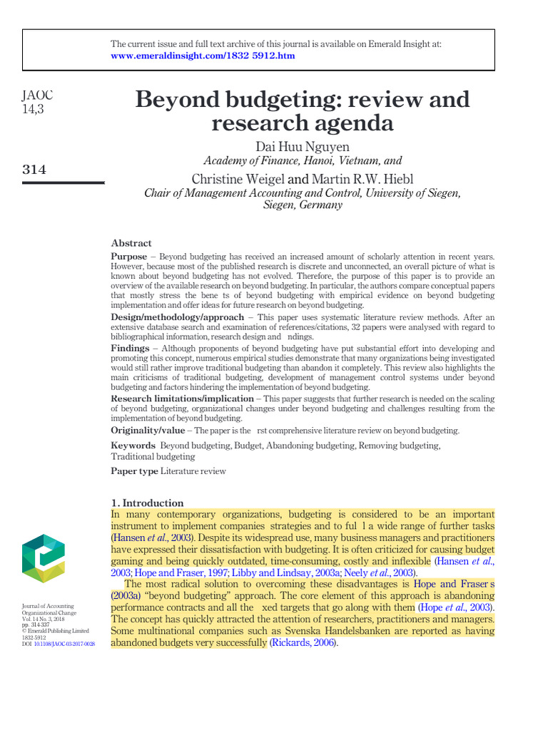 Beyond Budgeting - Reivew and Research Agenda | PDF