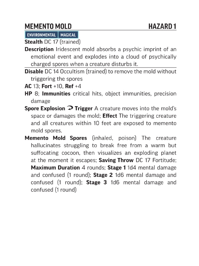 Starfinder 2E Stat Card Memento Mold Hazard | PDF