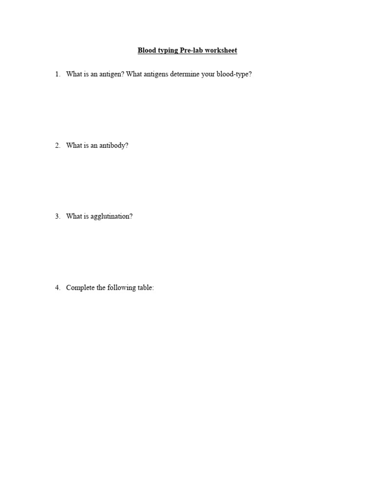 Pre-Lab Worksheet For Blood Typing | PDF