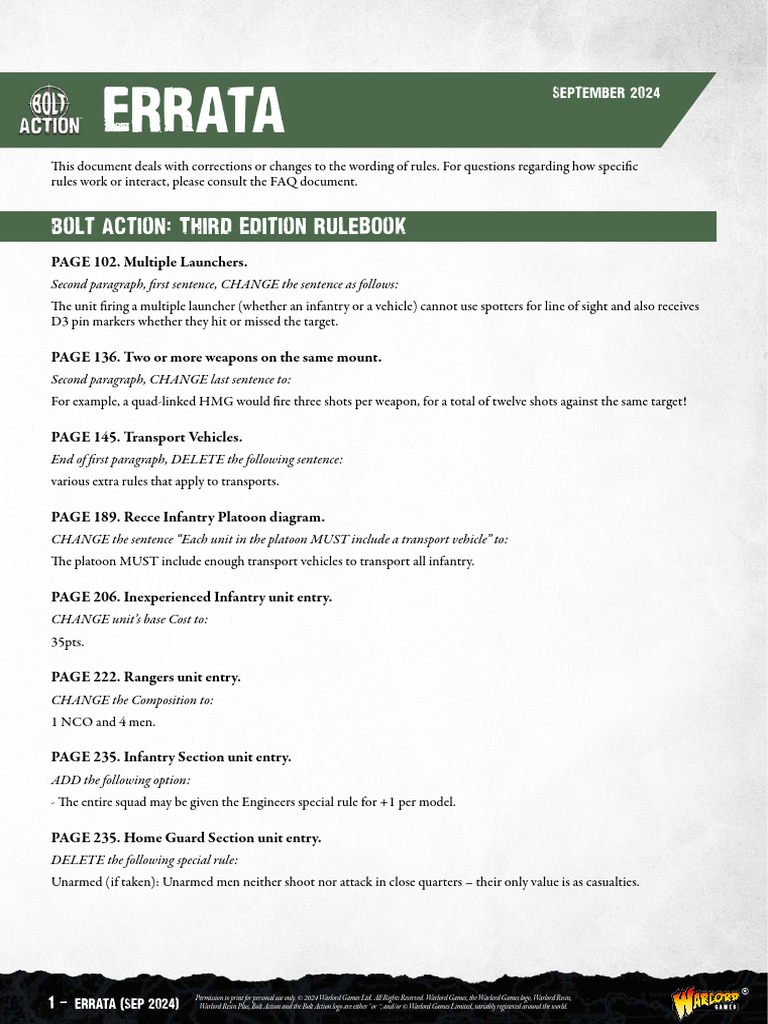 Bolt Action Errata September 2024 | PDF | Platoon | Technology ...
