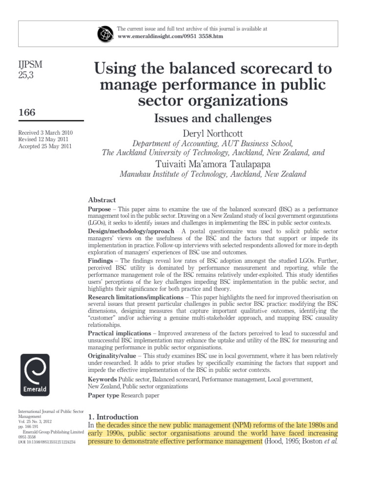 Using The Balanced Scorecard To Manage Performance in Public Sector ...