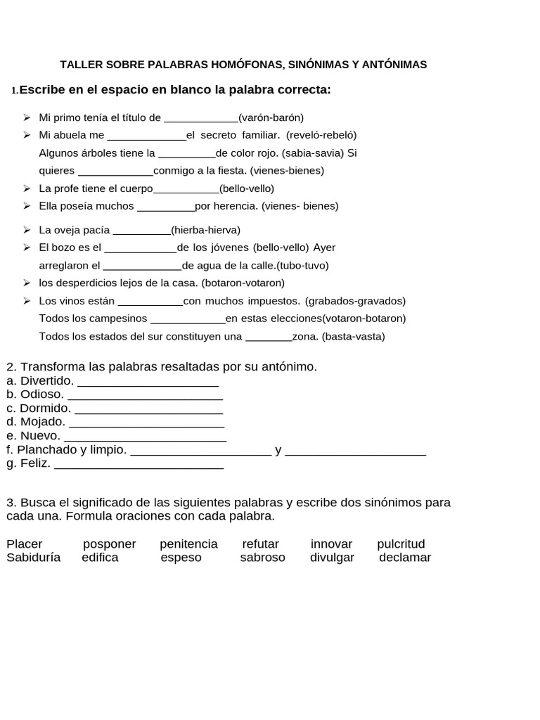 Actividades Sobre Palabras Hom fonas Sinonimas Y Antonimas PDF