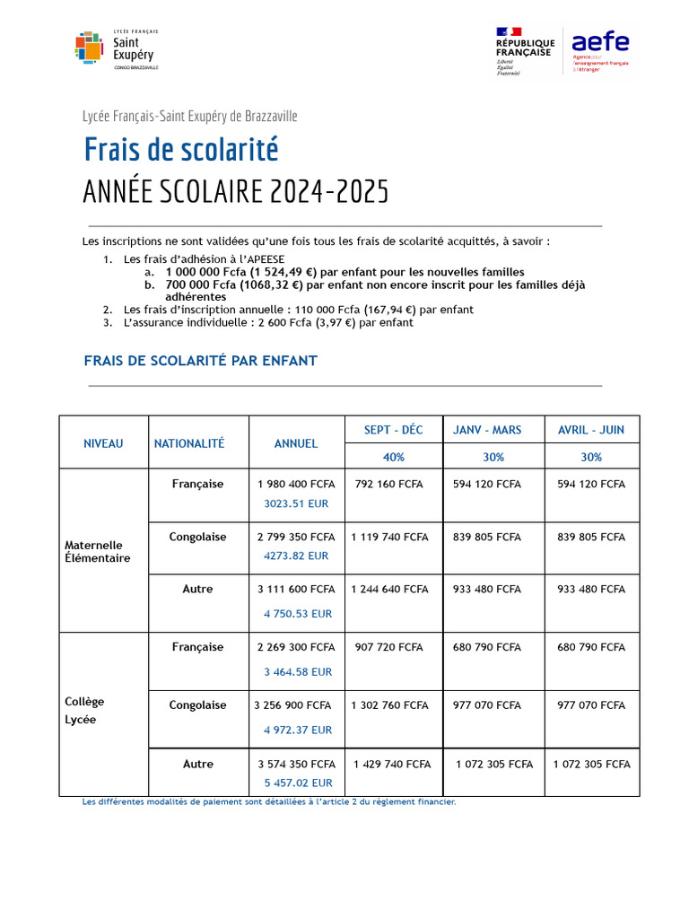 Frais de Scolarite 2024-2025 | PDF