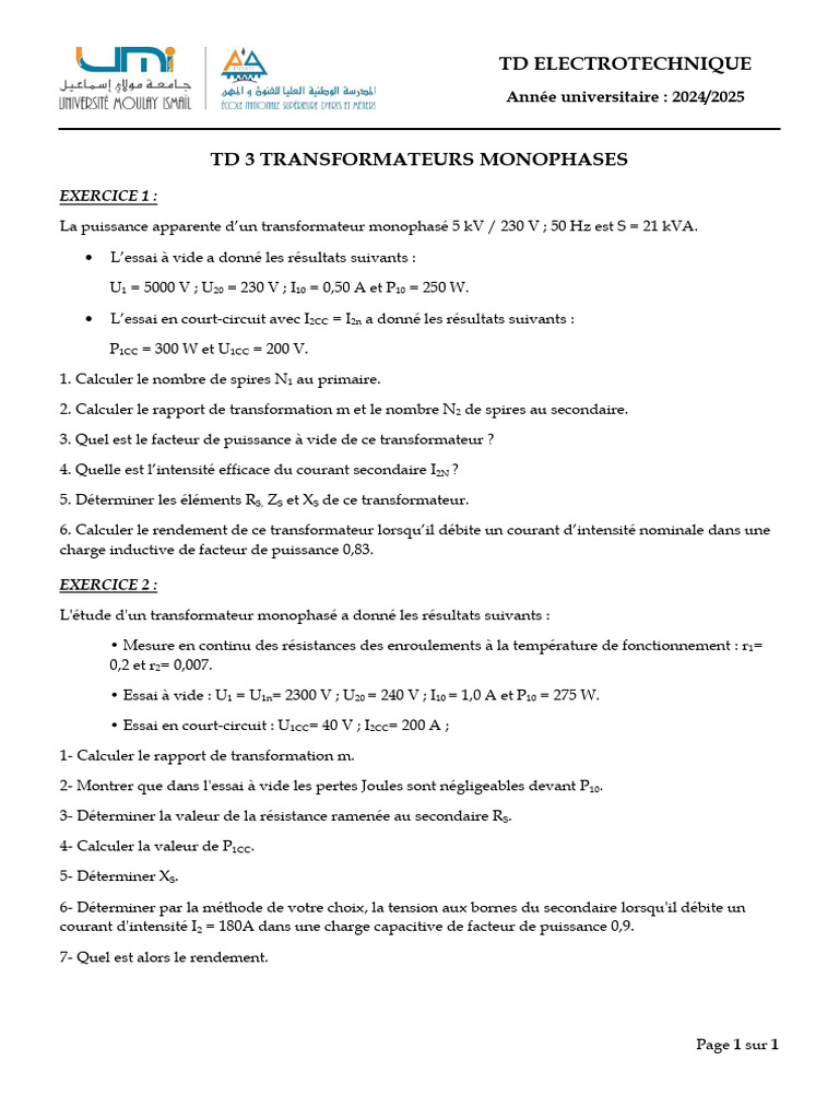 TD 3 Transfo Mono PDF — free download