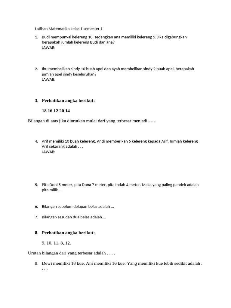 Latihan Matematika Kelas 1 Semester 1 | PDF
