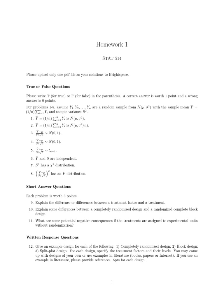 Homework01 DESIGN ANALYSIS OF EXPERIMENTS | PDF