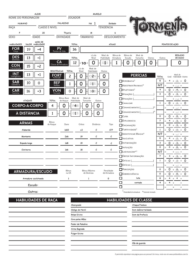 Ficha Tormenta RPG Salvavel e Editavel PDF | PDF