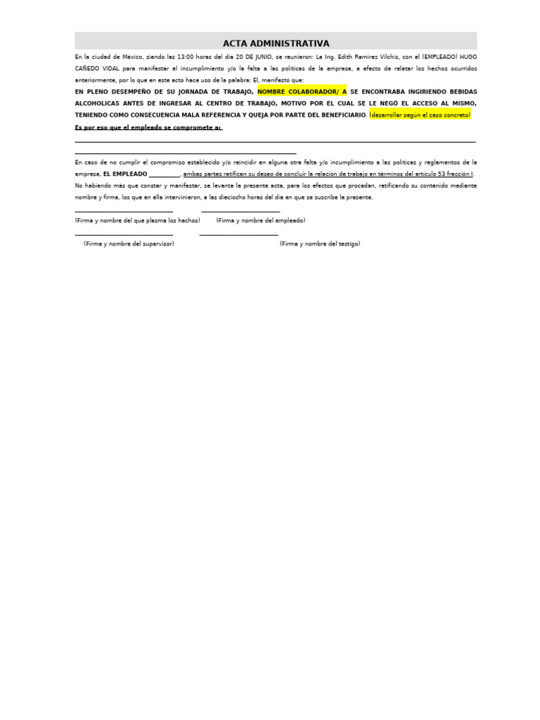 Acta Administrativa Por Faltas De Probidad Estado De Embriaguez Pdf