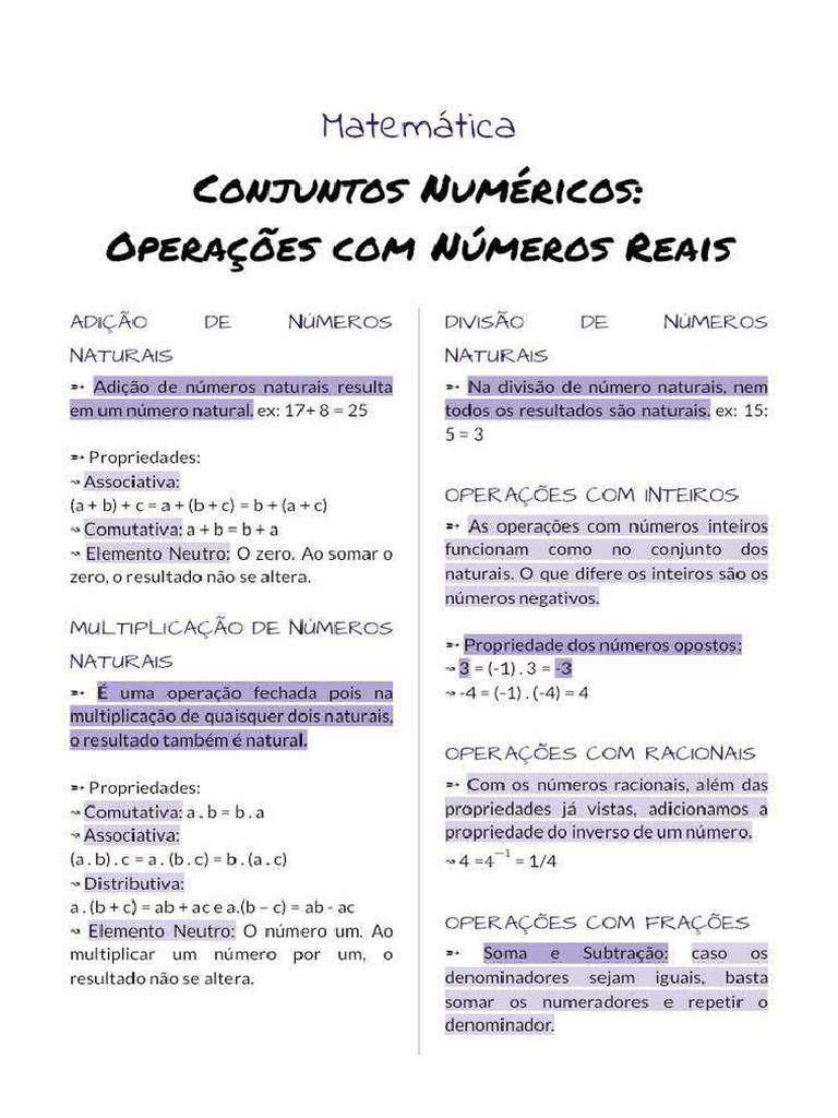 Resumo Matemática Conjuntos Numéricos Operações Com Números Reais Pdf