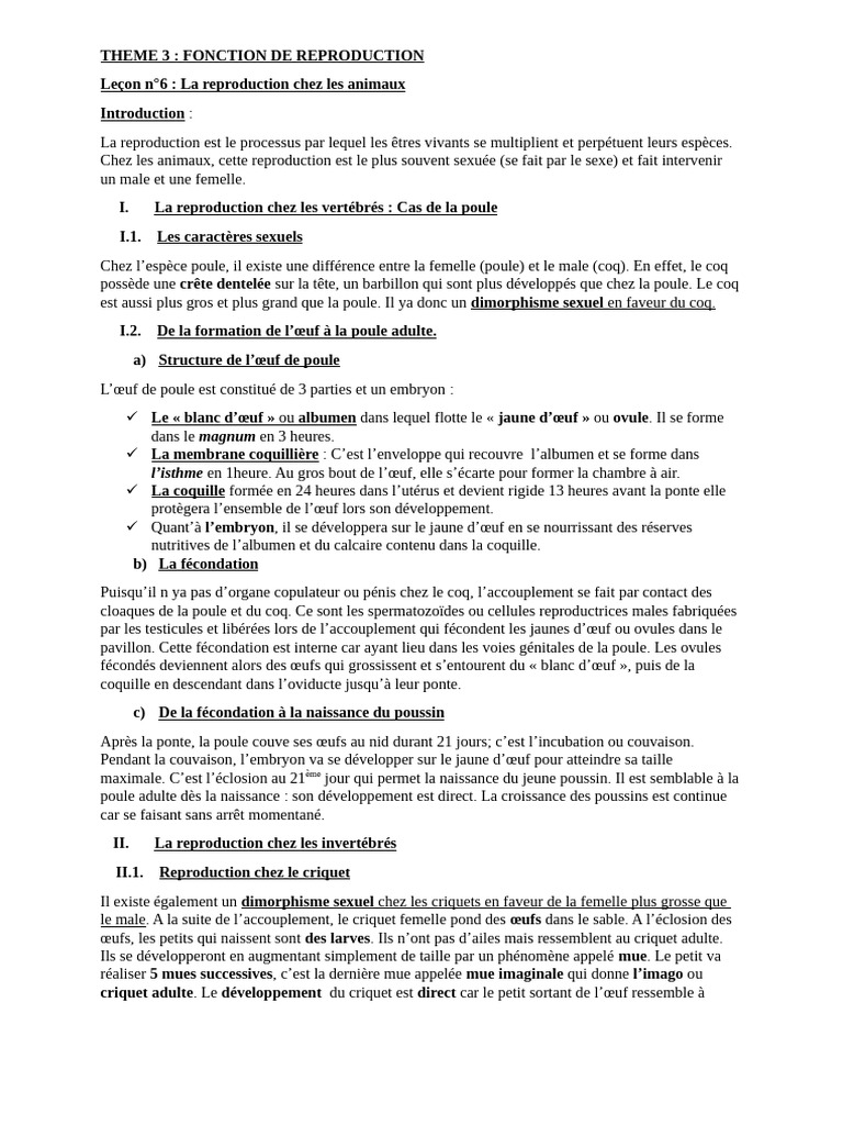 Leçon N°6 La Reproduction Chez Les Animaux | PDF