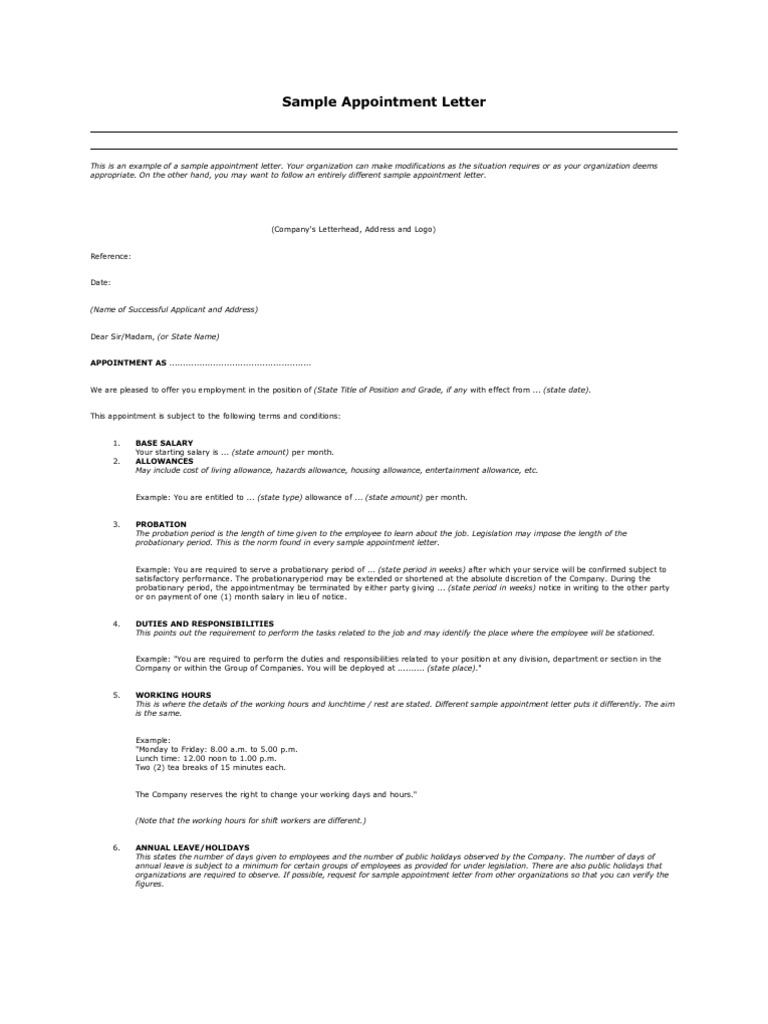 Sample Appointment Letter Working Time Employment