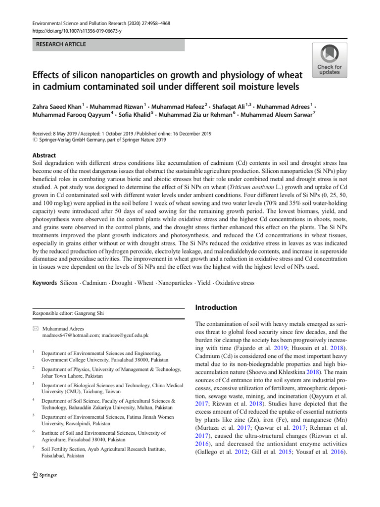 Effects of Silicon Nanoparticles On Growth and Physiology of Wheat | PDF