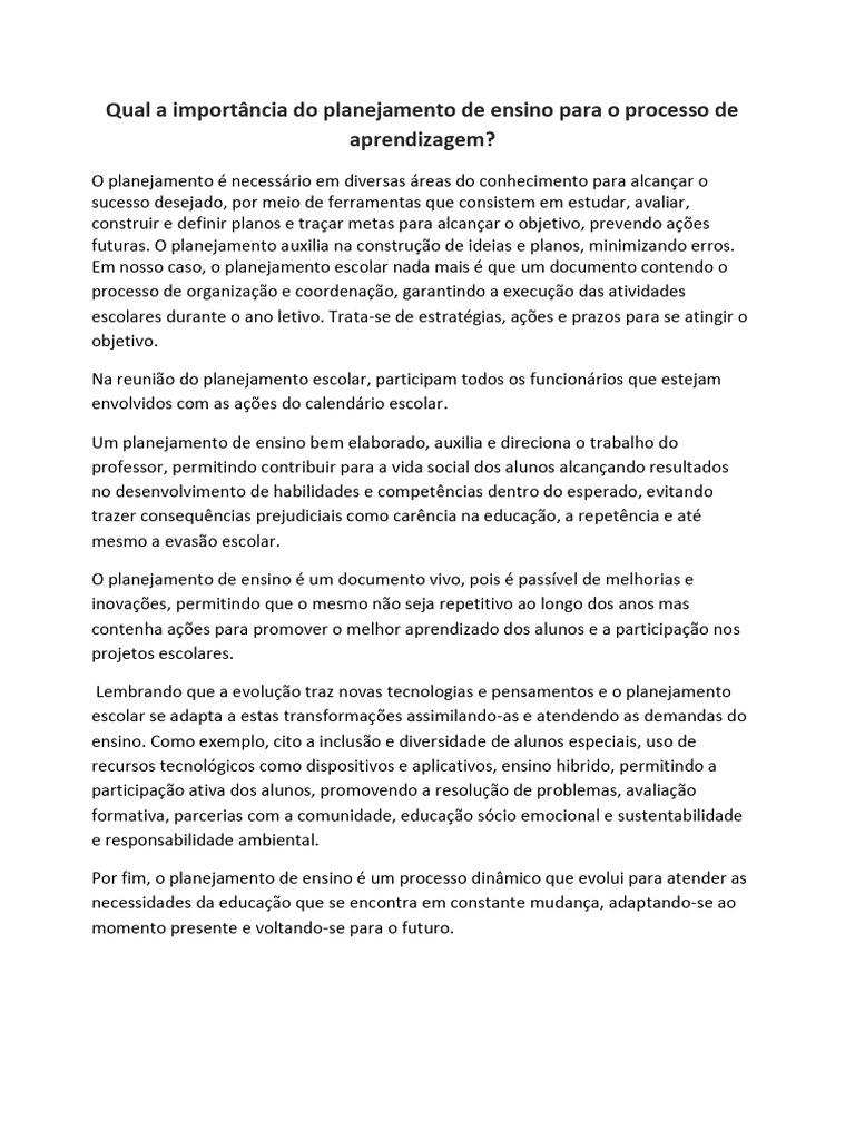 Qual A Importância Do Planejamento de Ensino para o Processo de ...